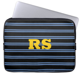 Bold Guld Monogram, Namn, Blue Linjer på Black Laptop Fodral