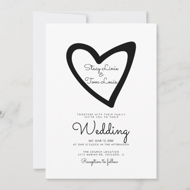 Bold Heart Slanted Drawn Black Wedding bjudande Inbjudningar (Framsida)