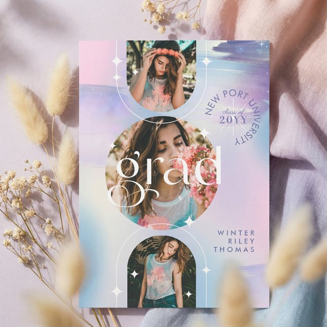 Bold Iridescent Watercolor Photo Grad Announcement Inbjudningar (Iridescent Watercolor Photo Graduation Announcemen Invitation)