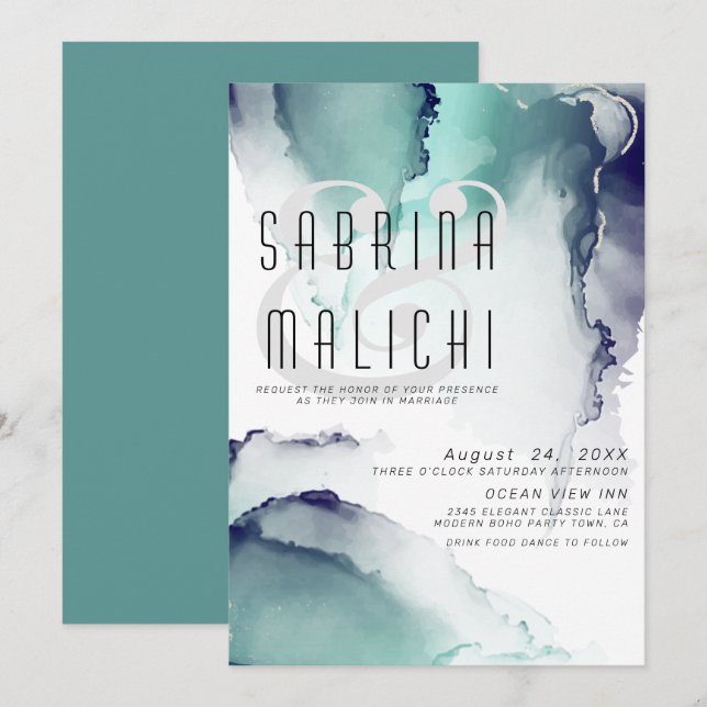 Bold Jade och Navy Blue Modern Fluid Bläck Inbjudningar (Fram/baksida)