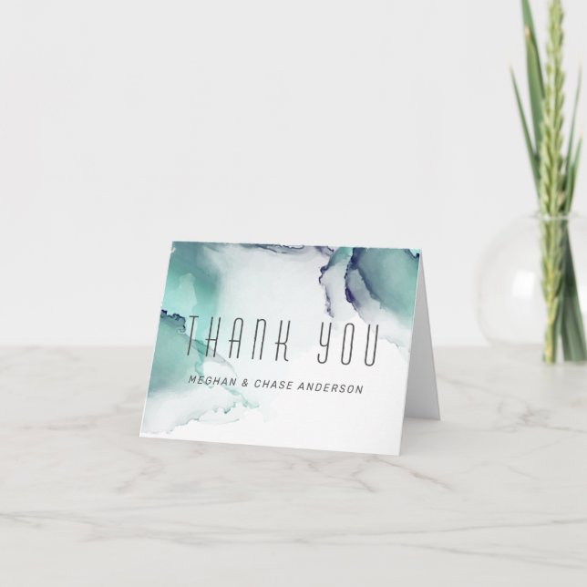 Bold Jade och Navy Blue Modern Fluid Bläck Tack Kort (Framsida)