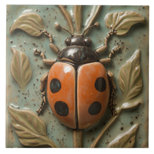 Bold Ladybug och Foliage Faux Relief Kakelplatta