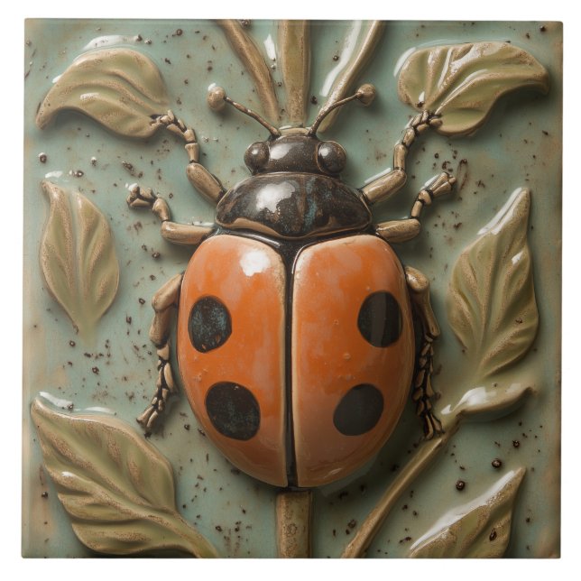 Bold Ladybug och Foliage Faux Relief Kakelplatta (Framsidan)