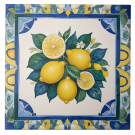 Bold Lemons Dark Blue Green Yellow Lemon Kakelplatta