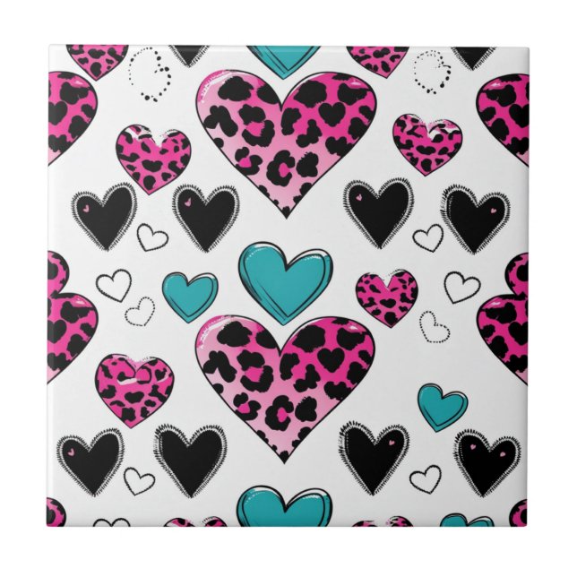 Bold Leopard Heart Love – Pink, Black & Teal (2) Kakelplatta (Framsidan)