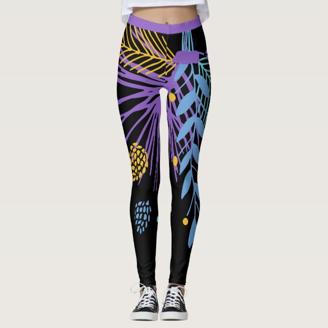 Bold Lila Blått Gult Botaniska beningar Leggings (Framsida)