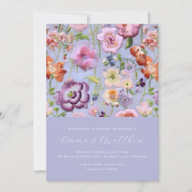 Bold Lila och Orange Botaniskt brodery Bröllop Inbjudningar (Framsida)