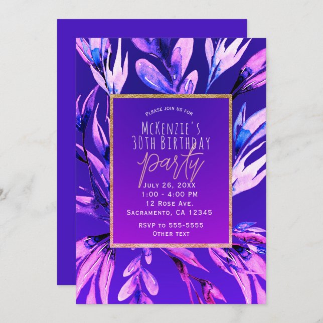 Bold Lila Watercolor Botanical Glam Party Inbjudningar (Fram/baksida)