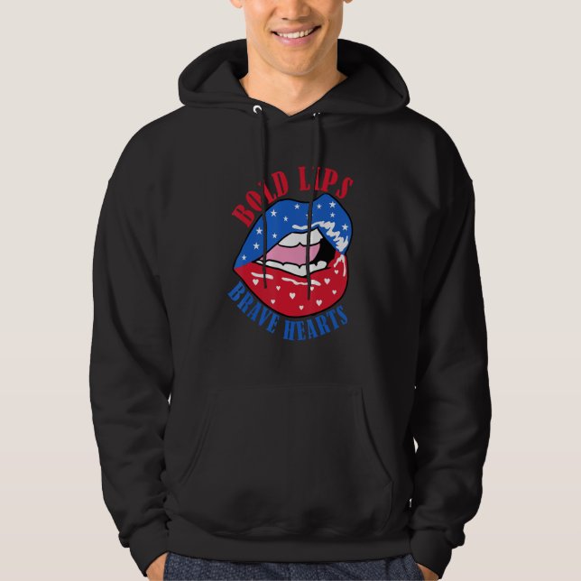 Bold Lips Brave Heart US American Flag Patriotic L Hoodie (Framsida)
