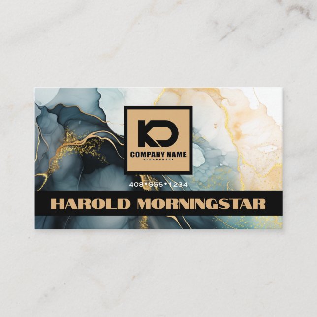 BOLD Logotyp Mörkblå Guld Fluid Bläck QR  Visitkort (Framsida)