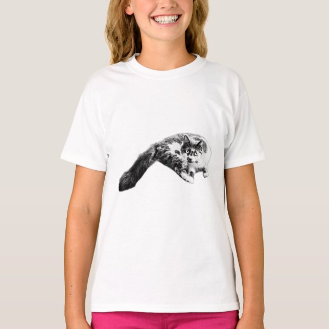 Bold Long-Svan Cat Bläck Art Tee (Framsida)
