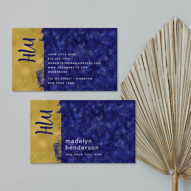 Bold Luxury Sapphire Guld Brush Monogram Visitkort (Skapare uppladdad)