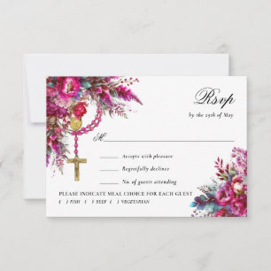 Bold Magenta Rosary Catholic Bröllop Responcard Ca OSA Kort