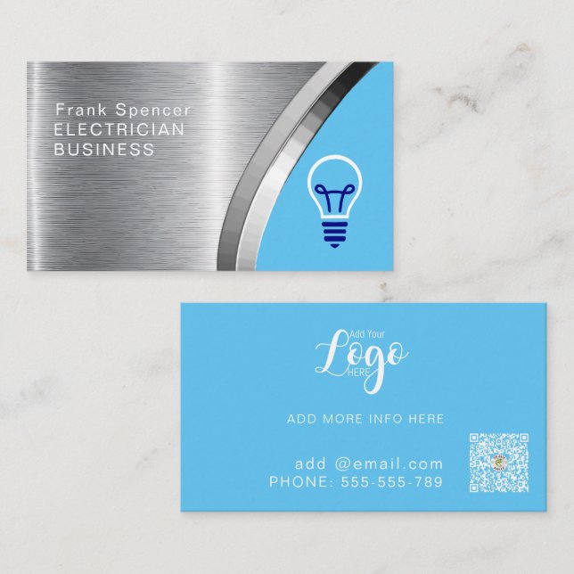 Bold Metallic Blue & Silver Electrician Business Visitkort (Fram/baksida)