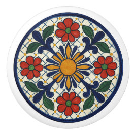 Bold Mexican Talavera Sunburst Ceramic Knob Knopp