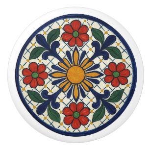 Bold Mexican Talavera Sunburst Ceramic Knob Knopp