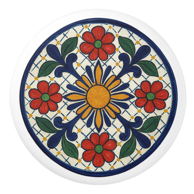 Bold Mexican Talavera Sunburst Ceramic Knob Knopp (Framsidan)