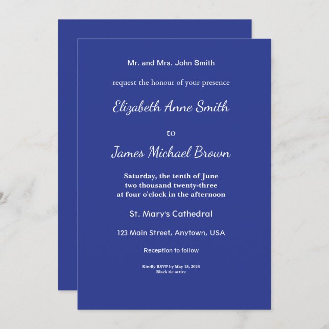 Bold Minimal bröllopsinbjudan i djupt blå Spara Datumet (Fram/baksida)