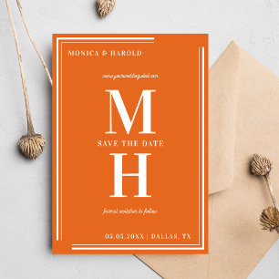 Bold Minimalist Monogram Bright Orange Bröllop Spara Datumet