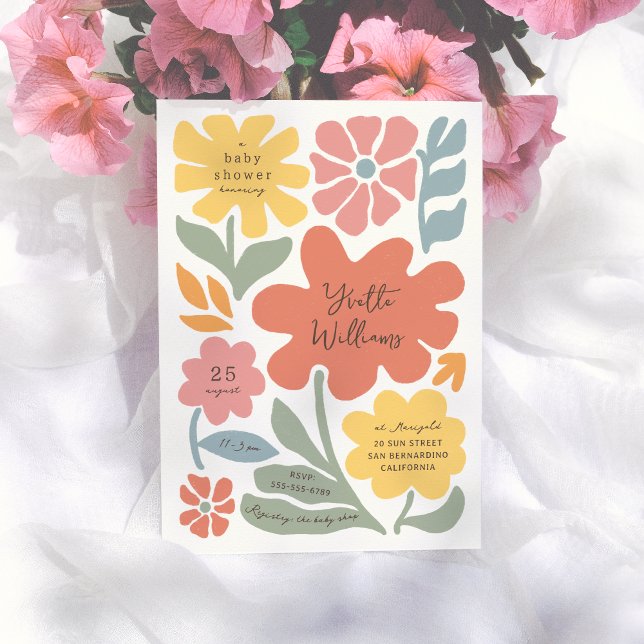 Bold Modern Blommor Unik, illustrerad babystövel Inbjudningar (Skapare uppladdad)