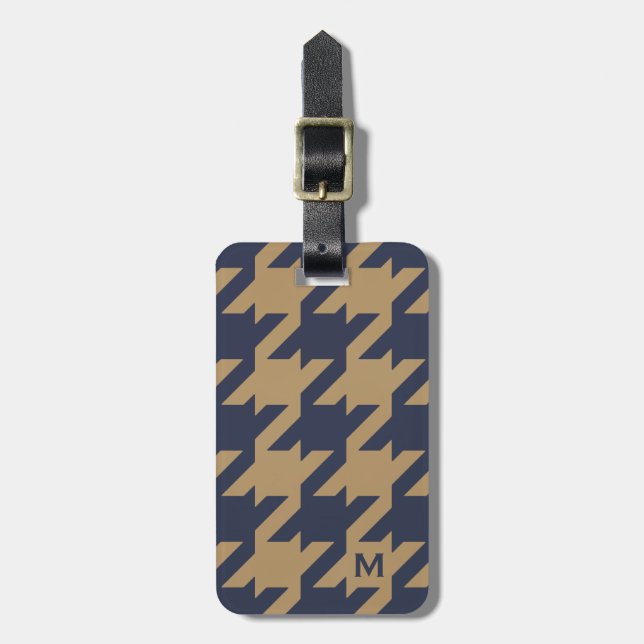 Bold modern brun houndstooth med monogram bagagebricka (Vertikal Framsida)