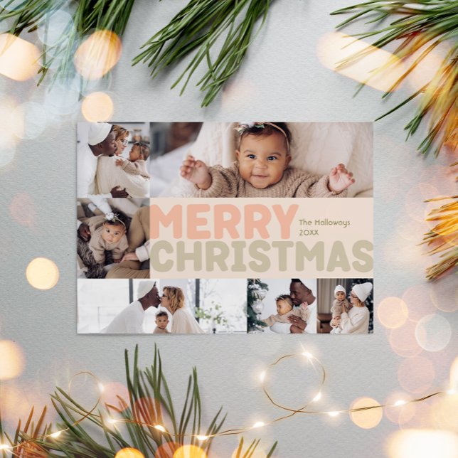 Bold Modern Coral God jul sexfoto Julkort (Skapare uppladdad)