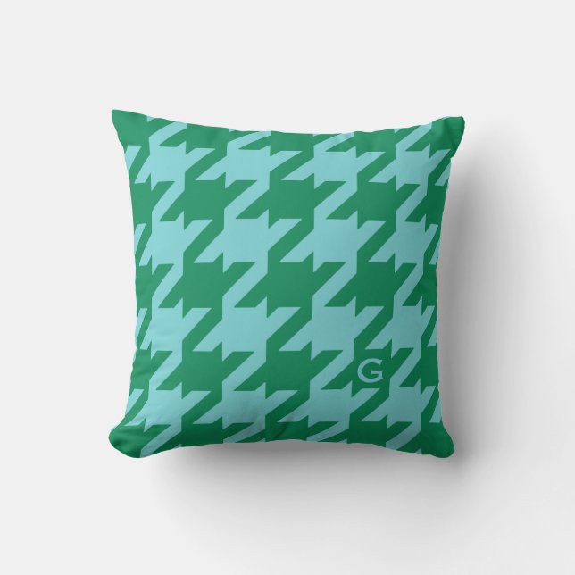 Bold, modern grönt, blå houndstooth med monogram kudde (Framsida)
