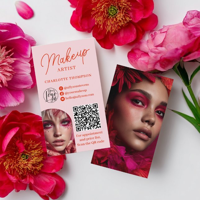 Bold Modern Pink Makeup Artist 2 Photos Qr Code Visitkort (Bold Modern Pink Makeup Artist 2 Photos Qr Code Business Card)