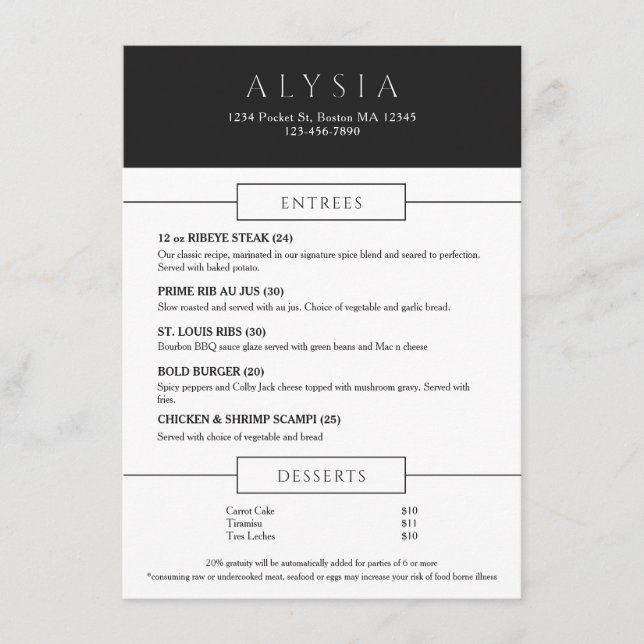 Bold Modern Steakhouse Flat Menu Meny (Framsida)