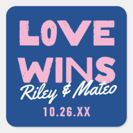 Bold Modern Type Funky Blue KÄRLEK WINS Bröllop Fyrkantigt Klistermärke