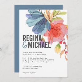Bold Modern Watercolor Blue Wildblommor bröllop Inbjudningar