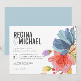Bold Modern Watercolor Wildblomma aqua bröllop Inbjudningar