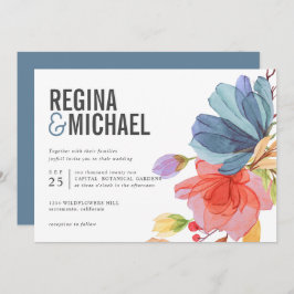 Bold Modern Watercolor Wildblommblue bröllop Inbjudningar