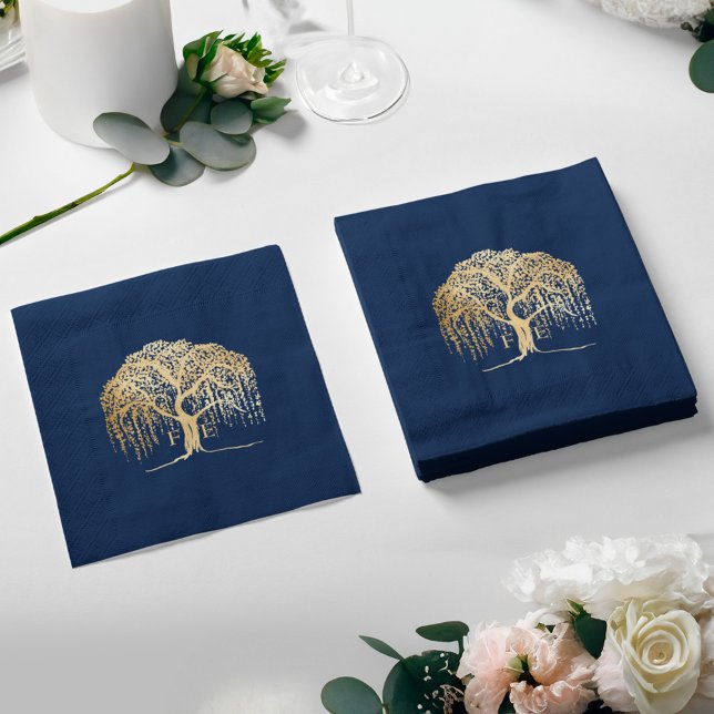 Bold Modern Willow Träd marblå Guld Bröllop Pappersservett (Bold Modern Willow Tree Navy Blue Gold Wedding Napkins)