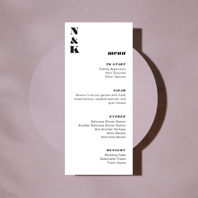 Bold Monogram Black and White Bröllop Anpassade Meny (Skapare uppladdad)