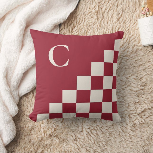 Bold Monogram Burgundy Red Cream Geometric Mönster Kudde (Filt)