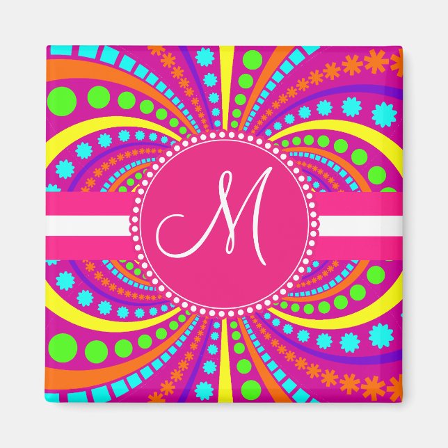 Bold Monogram Funky Mönster Shock rosa Design Magnet (Framsidan)