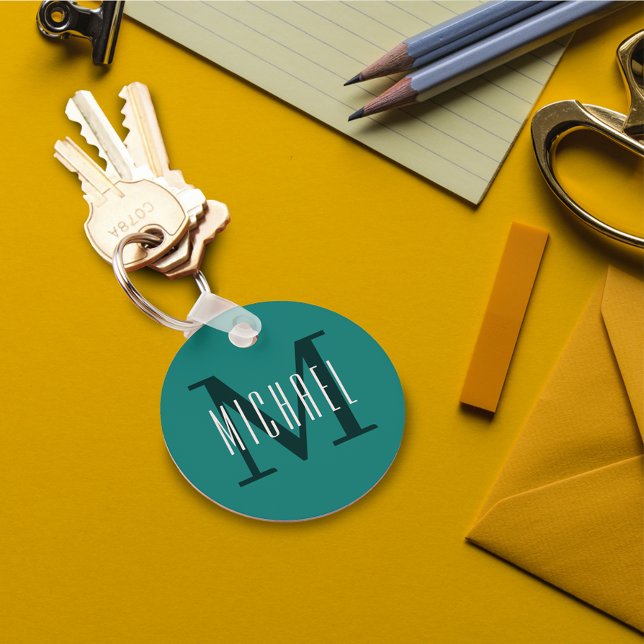 Bold Monogram Initial och Första Namn Blue Teal Nyckelring (Skapare uppladdad)