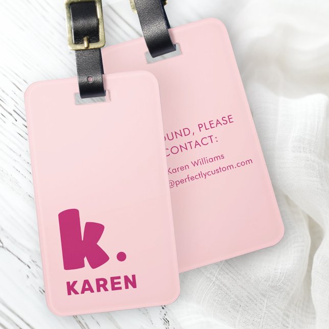 Bold monogram initial och namn rosa burgundy bagagebricka (Bold monogram initial and name pink burgundy luggage tag)