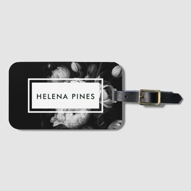 Bold Moody Painterly Flowers Black and White Bagagebricka (Framsida horisontal)