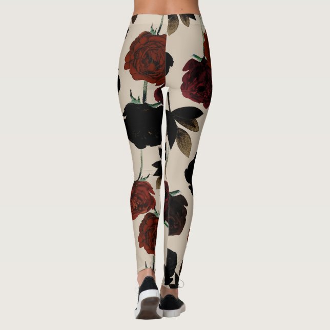 Bold Mörk Blommigt Red & Black Beige botaniskt Leggings (Baksida)