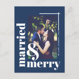 Bold Navy Blue Married and Merry Photo Jul Vykort