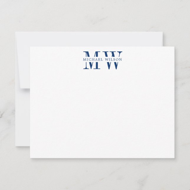 Bold Navy Blue Monogram Initialer Namn Note Card Anteckningskort (Framsida)