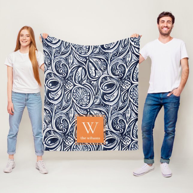 Bold Navy Rust Abstrakt Classy Botanical Monogram Fleecefilt (På plats)