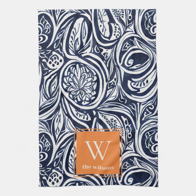 Bold Navy Rust Abstrakt Classy Botanical Monogram Kökshandduk (Vertikal)