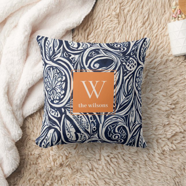 Bold Navy Rust Abstrakt Classy Botanical Monogram Kudde (Filt)