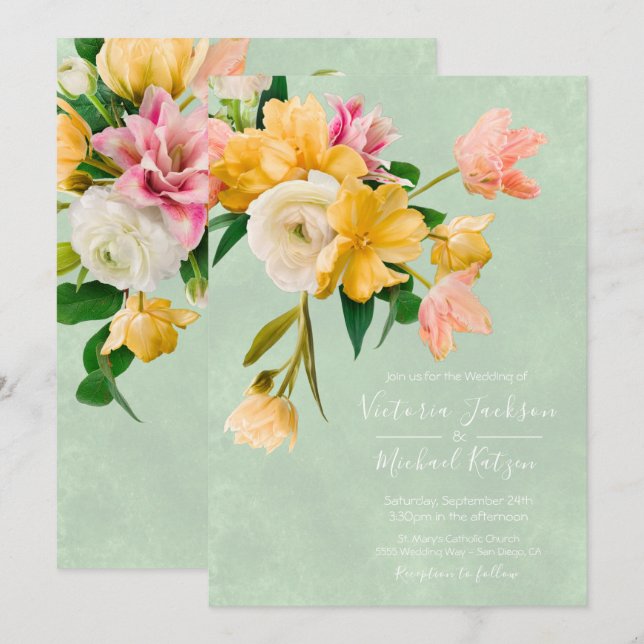 Bold och Bright Blockerar Blommigt Bröllop Inbjudningar (Fram/baksida)