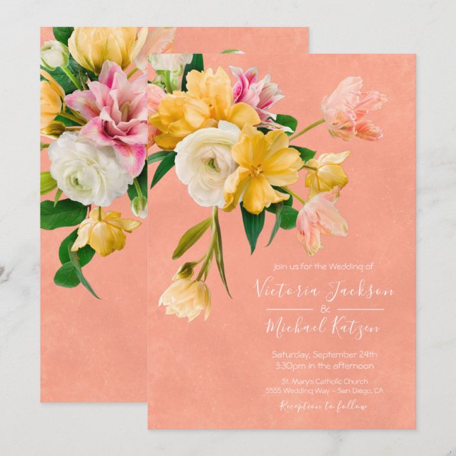 Bold och Bright Blockerar Blommigt Bröllop Inbjudningar (Fram/baksida)