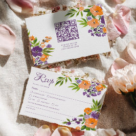 Bold Orange and Purple Floral QR Code Wedding OSA Kort