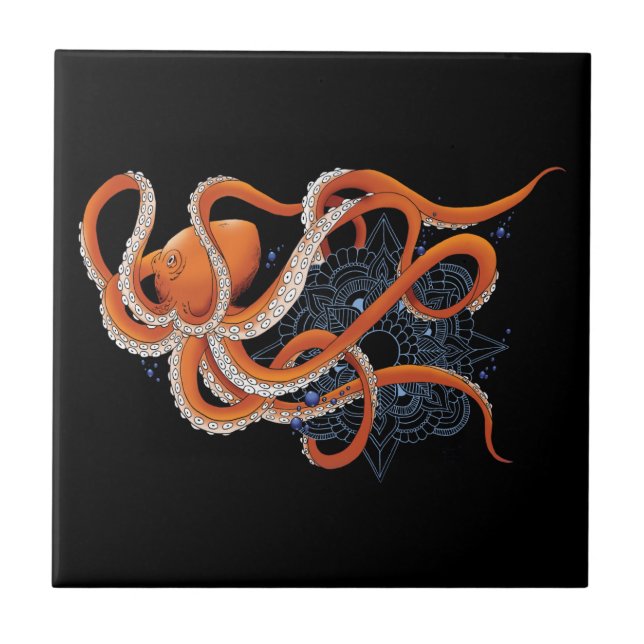 Bold Orange Mesmerizing Octopus Mandala  Kakelplatta (Framsidan)